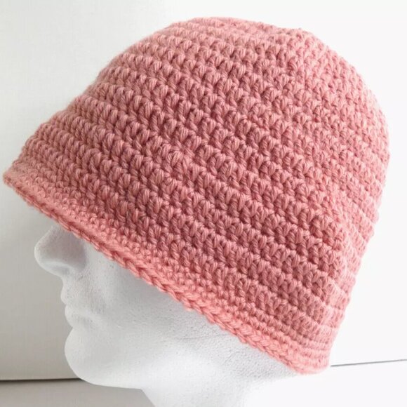 Pink Bucket Hat WOOL Roll Up Brim Beanie OS Cap Handmade Crochet Hand Knit NWT - Picture 1 of 11